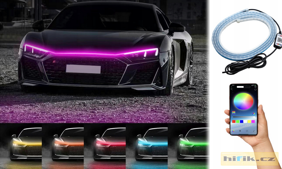 LED RGB osvětlení kapoty, dveří, prahů, Bluetooth připojení s aplikací pro telefon, 12V délka 180cm 