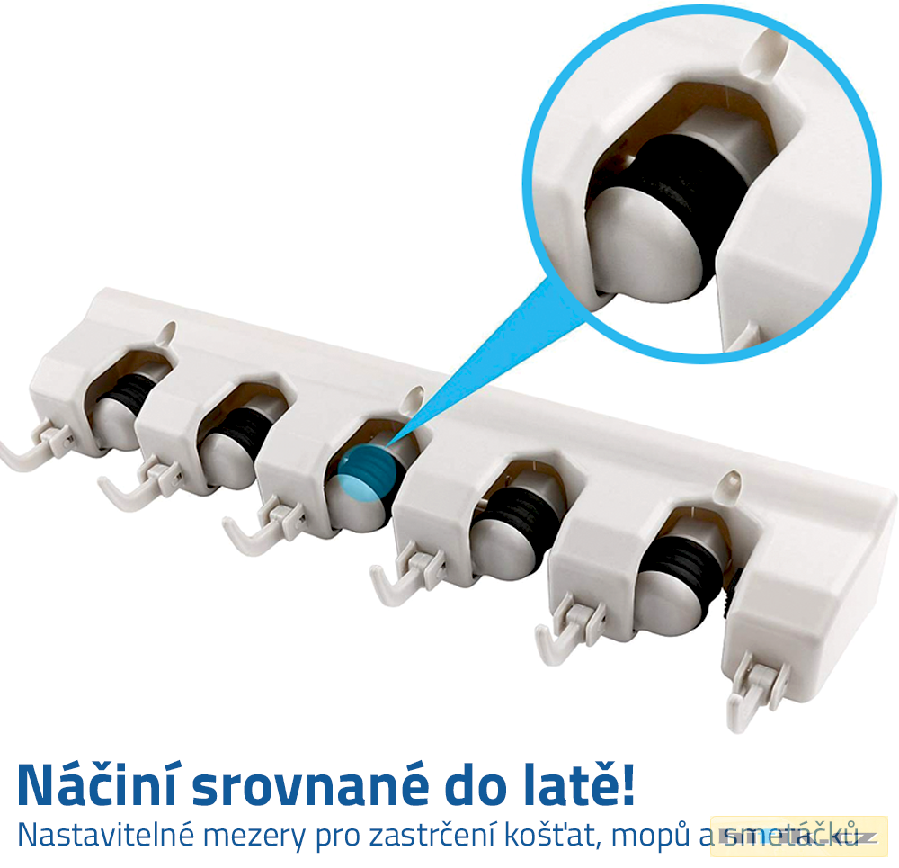 Praktický držák na mopy a úklidové pomůcky